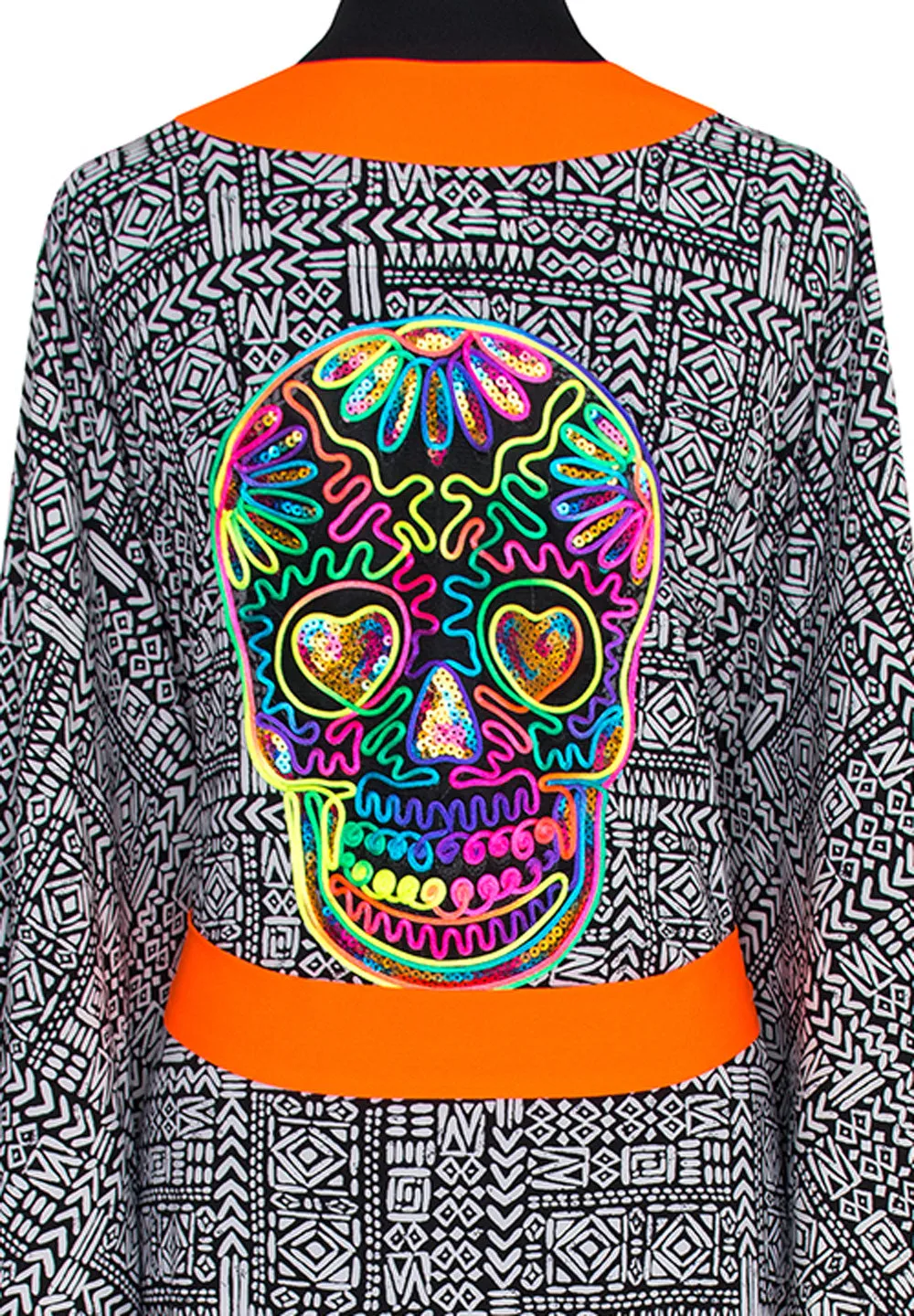 Tribal - Black Mayan Kimono Skull (Neon Orange)