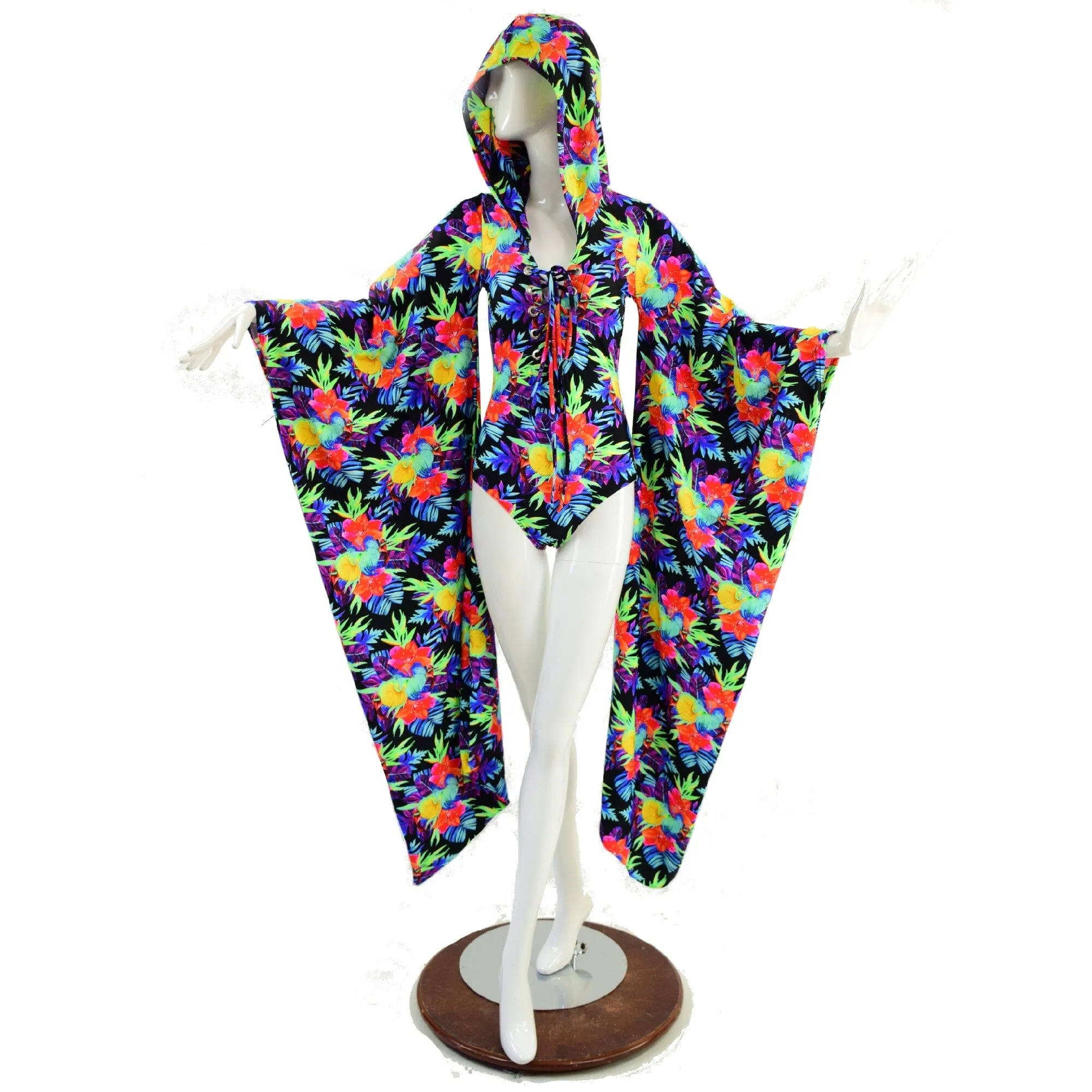 UV Glow Sonic Bloom Kimono Sleeve Romper with Plunging V Laceup Neckline
