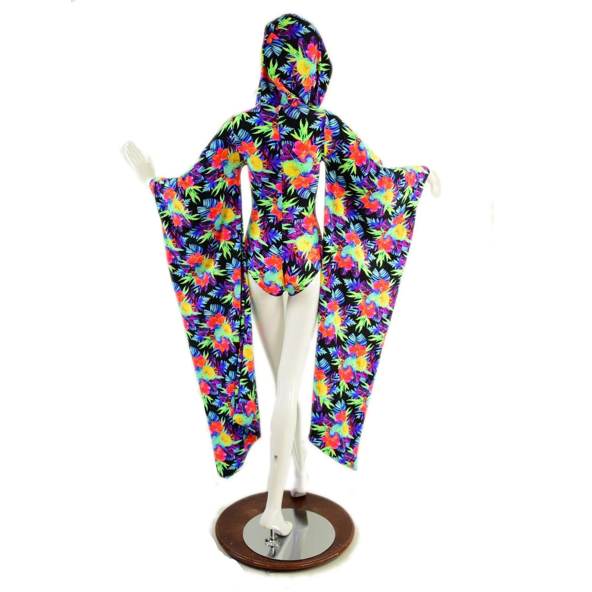 UV Glow Sonic Bloom Kimono Sleeve Romper with Plunging V Laceup Neckline