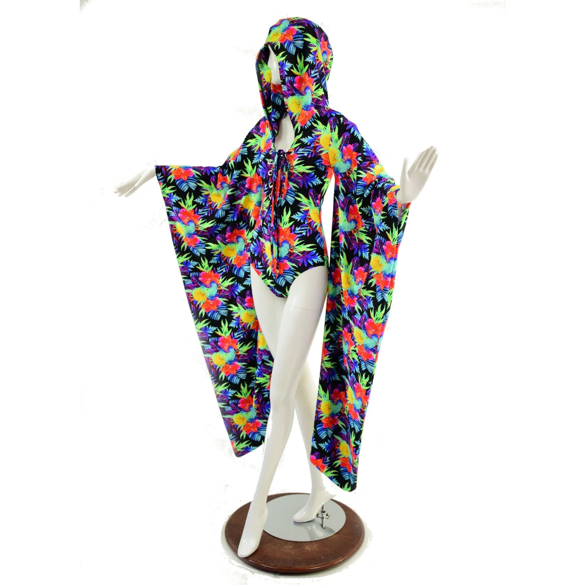 UV Glow Sonic Bloom Kimono Sleeve Romper with Plunging V Laceup Neckline