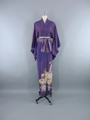 Vintage 1890s Vintage Silk Kimono Robe / Purple Floral