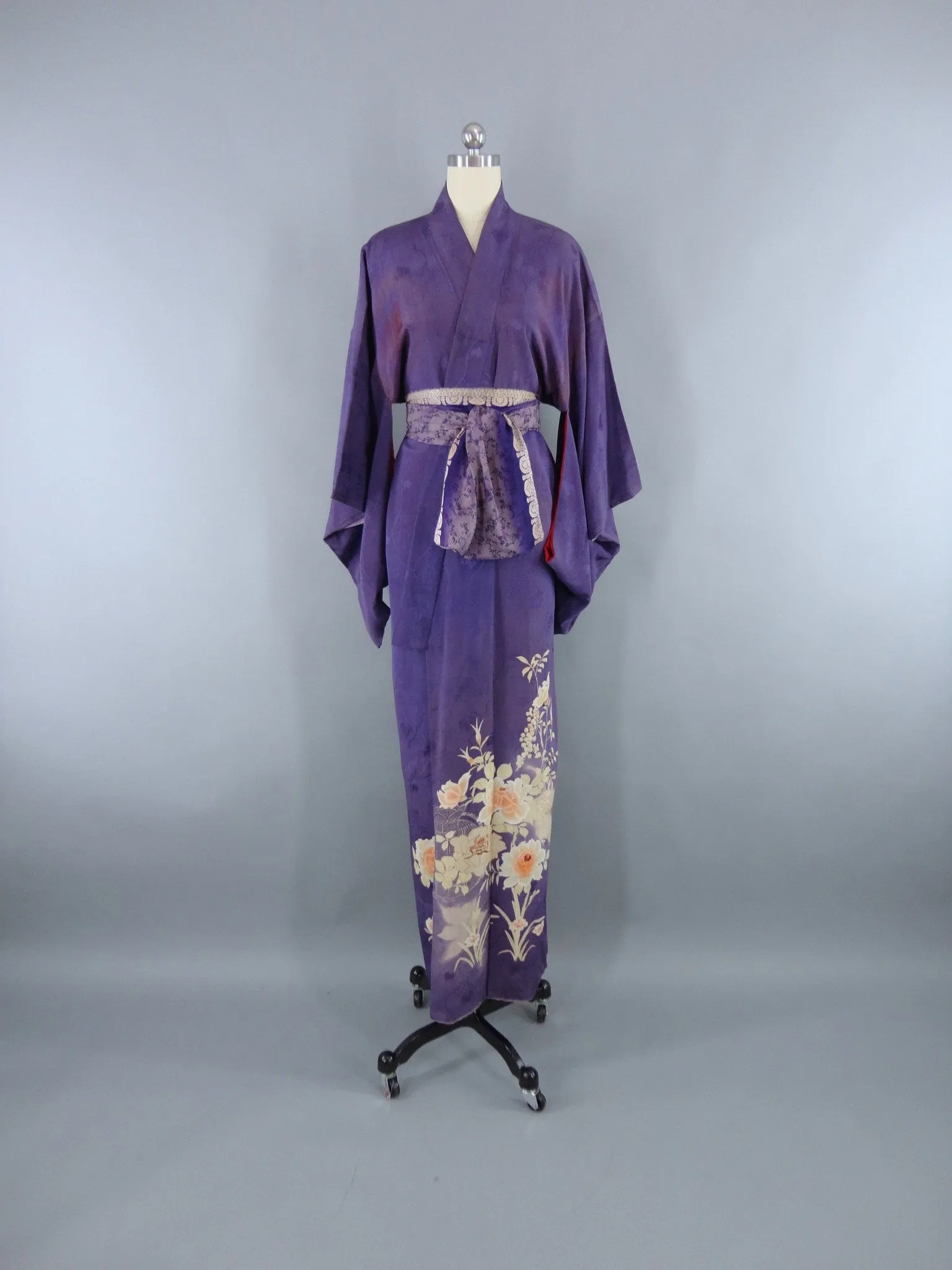 Vintage 1890s Vintage Silk Kimono Robe / Purple Floral