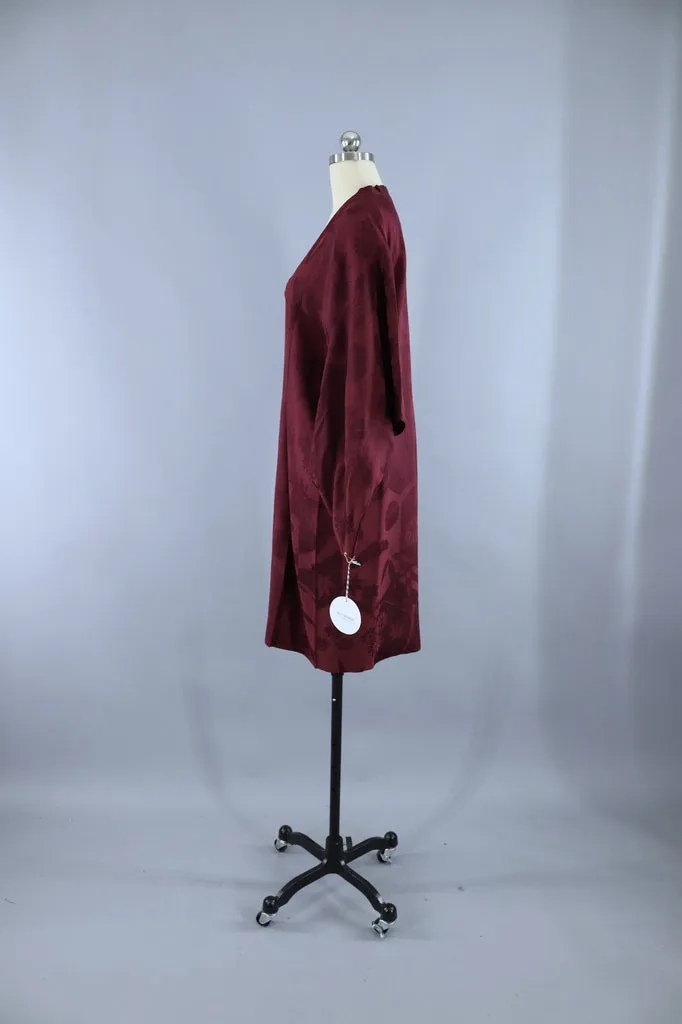 Vintage 1940s Silk Michiyuki Kimono Jacket Coat / Dark Maroon Red