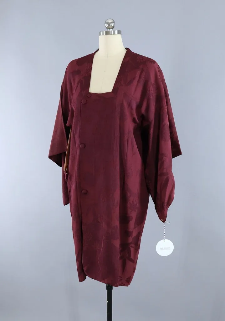 Vintage 1940s Silk Michiyuki Kimono Jacket Coat / Dark Maroon Red