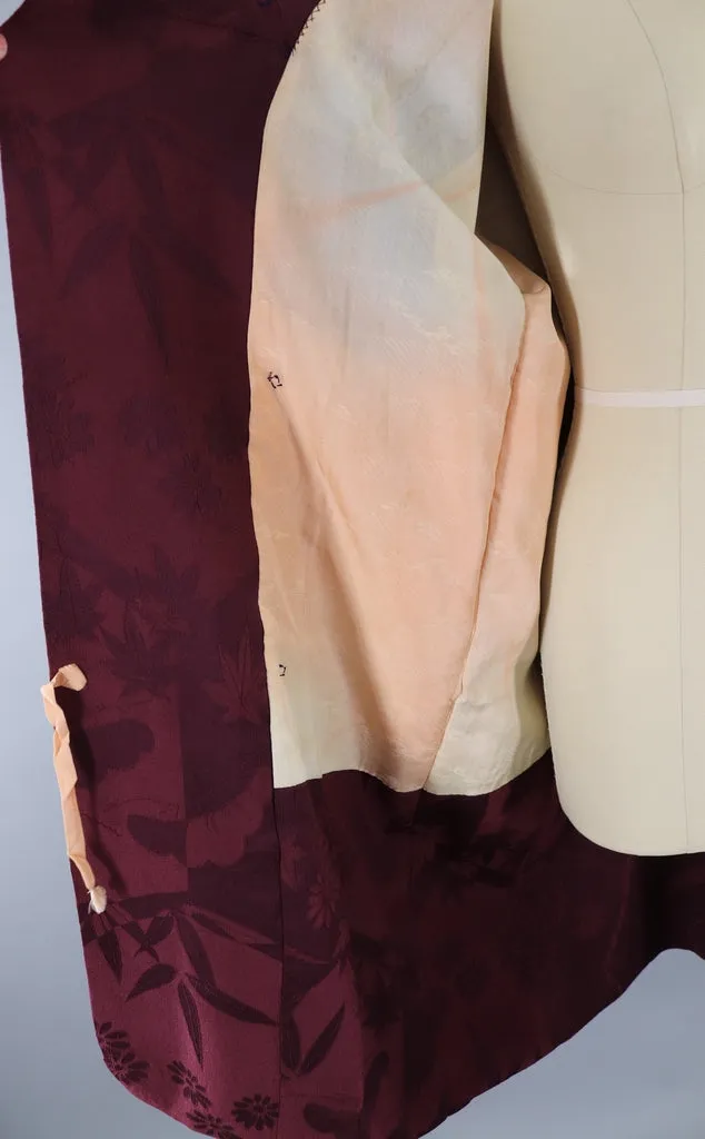 Vintage 1940s Silk Michiyuki Kimono Jacket Coat / Dark Maroon Red