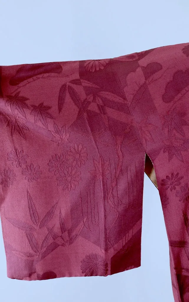 Vintage 1940s Silk Michiyuki Kimono Jacket Coat / Dark Maroon Red