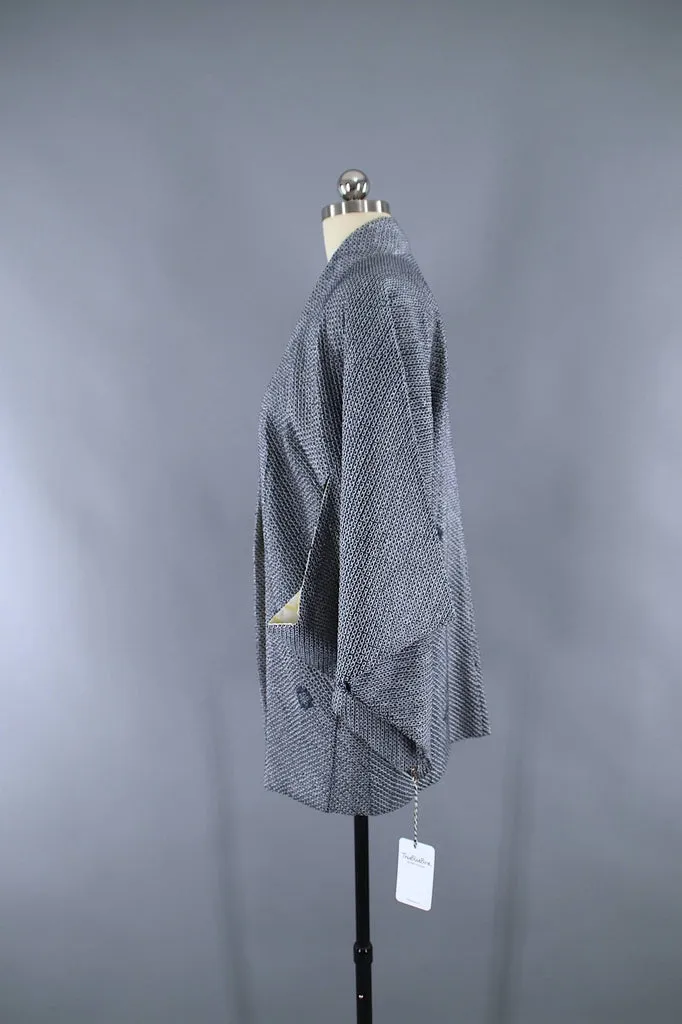 Vintage 1960s Silk Haori Kimono Jacket / Blue Grey Shibori