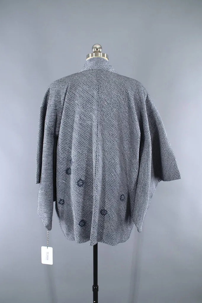 Vintage 1960s Silk Haori Kimono Jacket / Blue Grey Shibori