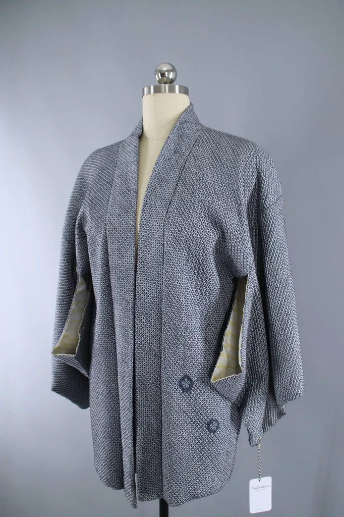 Vintage 1960s Silk Haori Kimono Jacket / Blue Grey Shibori