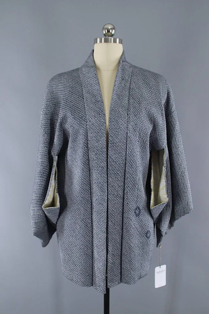 Vintage 1960s Silk Haori Kimono Jacket / Blue Grey Shibori
