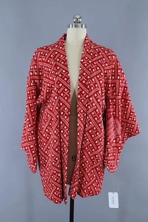 Vintage 1960s Silk Haori Kimono Jacket / Bright Red & White Shibori