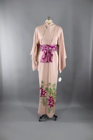 Vintage 1960s Silk Kimono Robe / Pale Pink Orchids Floral Pine Trees Print