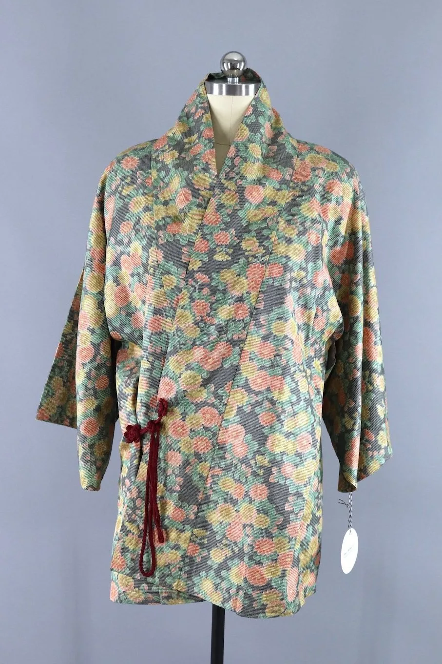 Vintage 1970s Dochougi Kimono Jacket Wrap Coat / Yellow Orange Floral