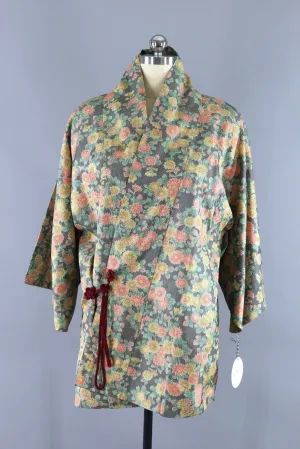 Vintage 1970s Dochougi Kimono Jacket Wrap Coat / Yellow Orange Floral