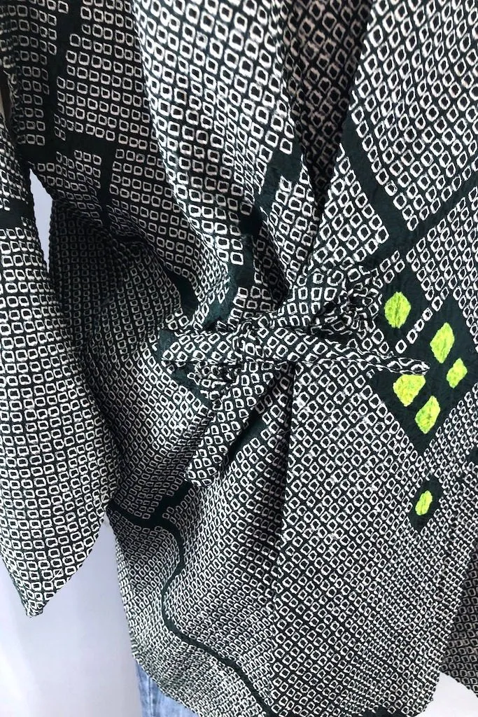 Vintage Green Shibori Silk Kimono Wrap Jacket