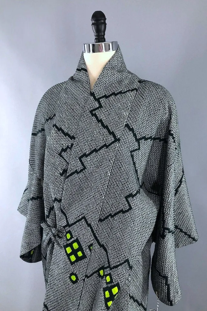 Vintage Green Shibori Silk Kimono Wrap Jacket
