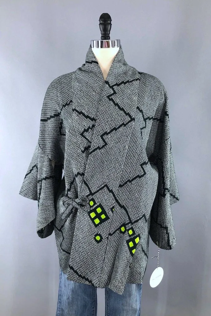 Vintage Green Shibori Silk Kimono Wrap Jacket
