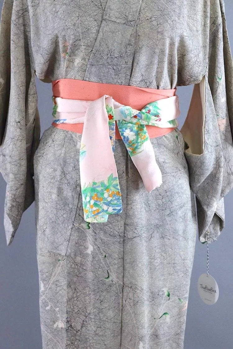 Vintage Grey Marble Floral Print Silk Kimono Robe