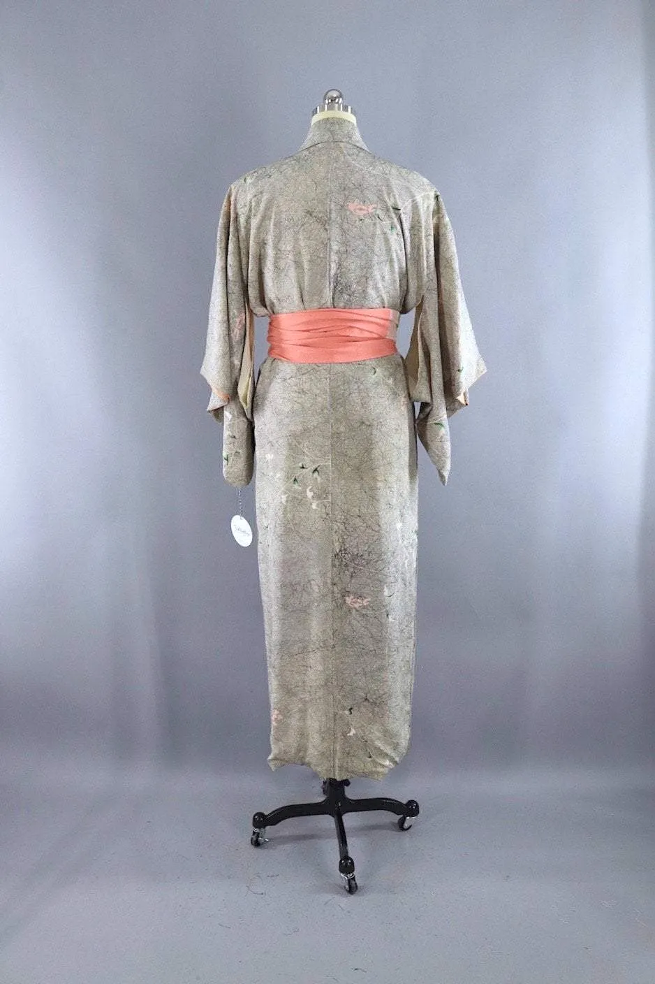 Vintage Grey Marble Floral Print Silk Kimono Robe