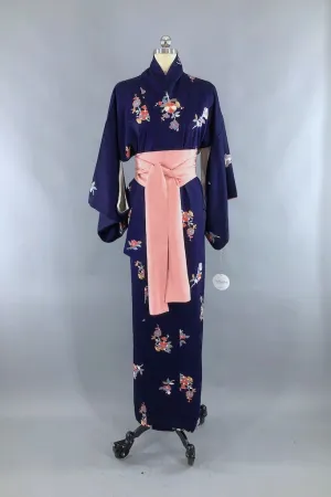 Vintage Navy Blue Floral Silk Kimono Robe