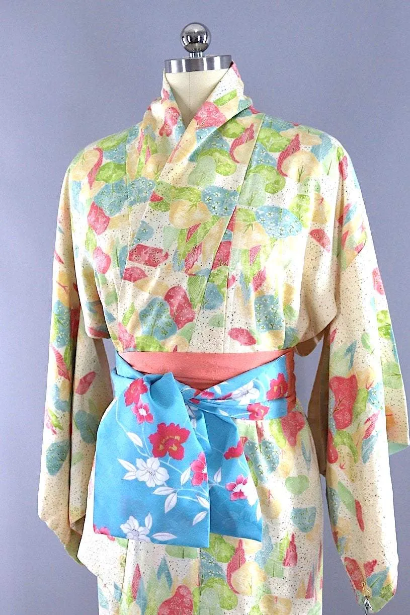 Vintage Pink & Green Trees Silk Kimono Robe