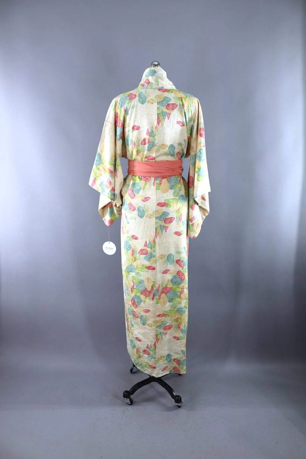 Vintage Pink & Green Trees Silk Kimono Robe