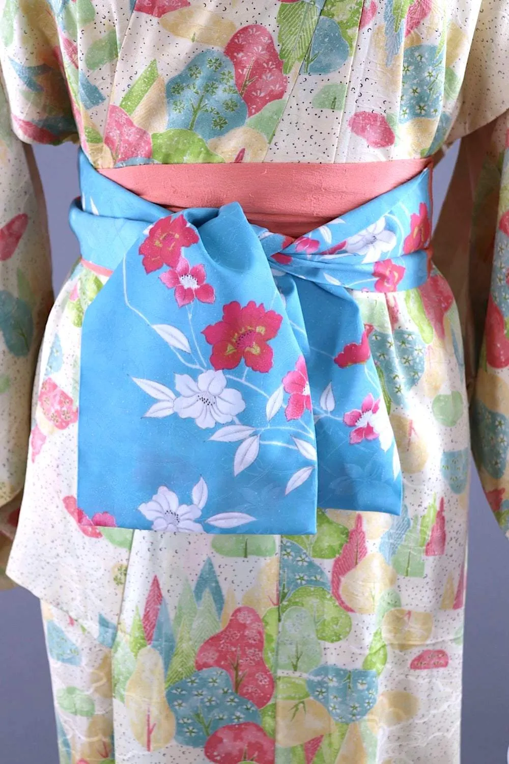 Vintage Pink & Green Trees Silk Kimono Robe