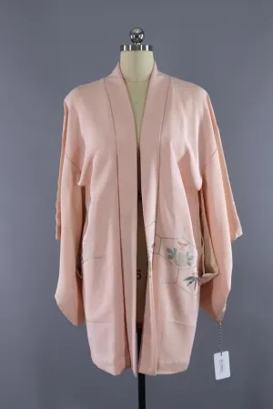 Vintage Silk Kimono Cardigan in Peach and Silver Embroidery