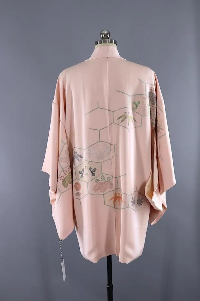 Vintage Silk Kimono Cardigan in Peach and Silver Embroidery