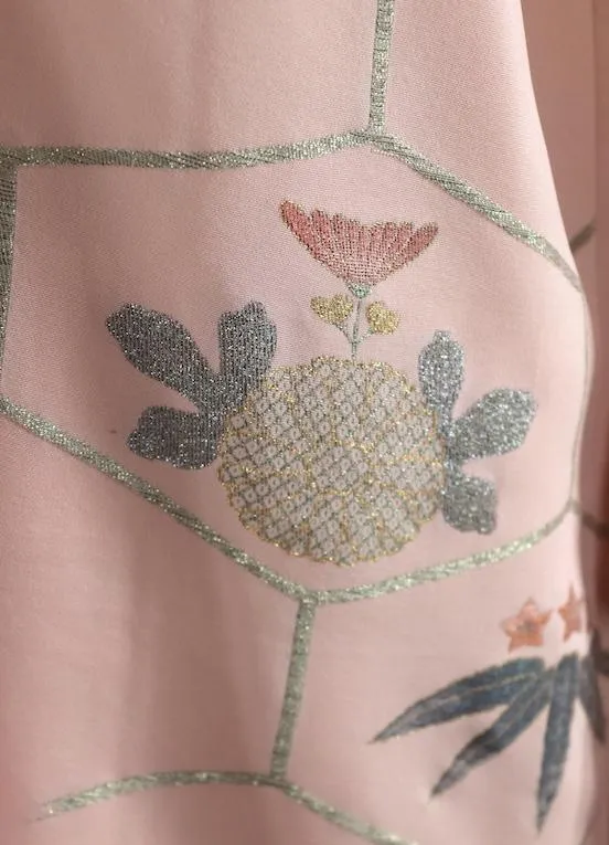 Vintage Silk Kimono Cardigan in Peach and Silver Embroidery