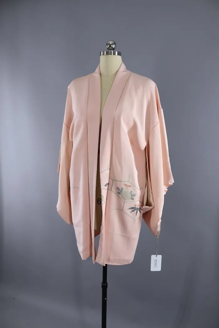 Vintage Silk Kimono Cardigan in Peach and Silver Embroidery