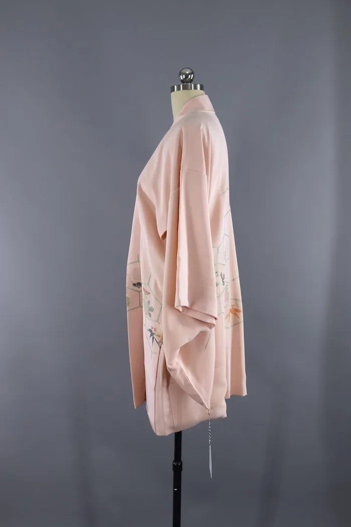Vintage Silk Kimono Cardigan in Peach and Silver Embroidery