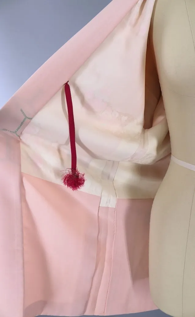 Vintage Silk Kimono Cardigan in Peach and Silver Embroidery
