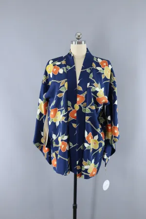 Vintage Silk Kimono Cardigan Jacket - Blue and Orange Floral Print