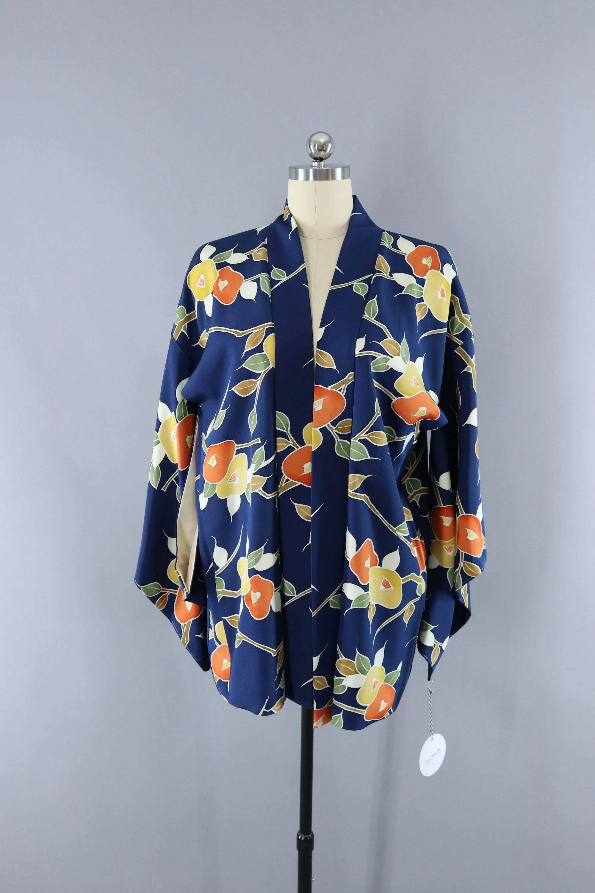 Vintage Silk Kimono Cardigan Jacket - Blue and Orange Floral Print