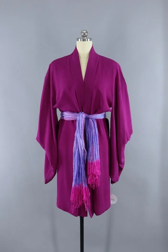 Vintage Silk Kimono Cardigan Jacket in Magenta Purple with Silk Sash