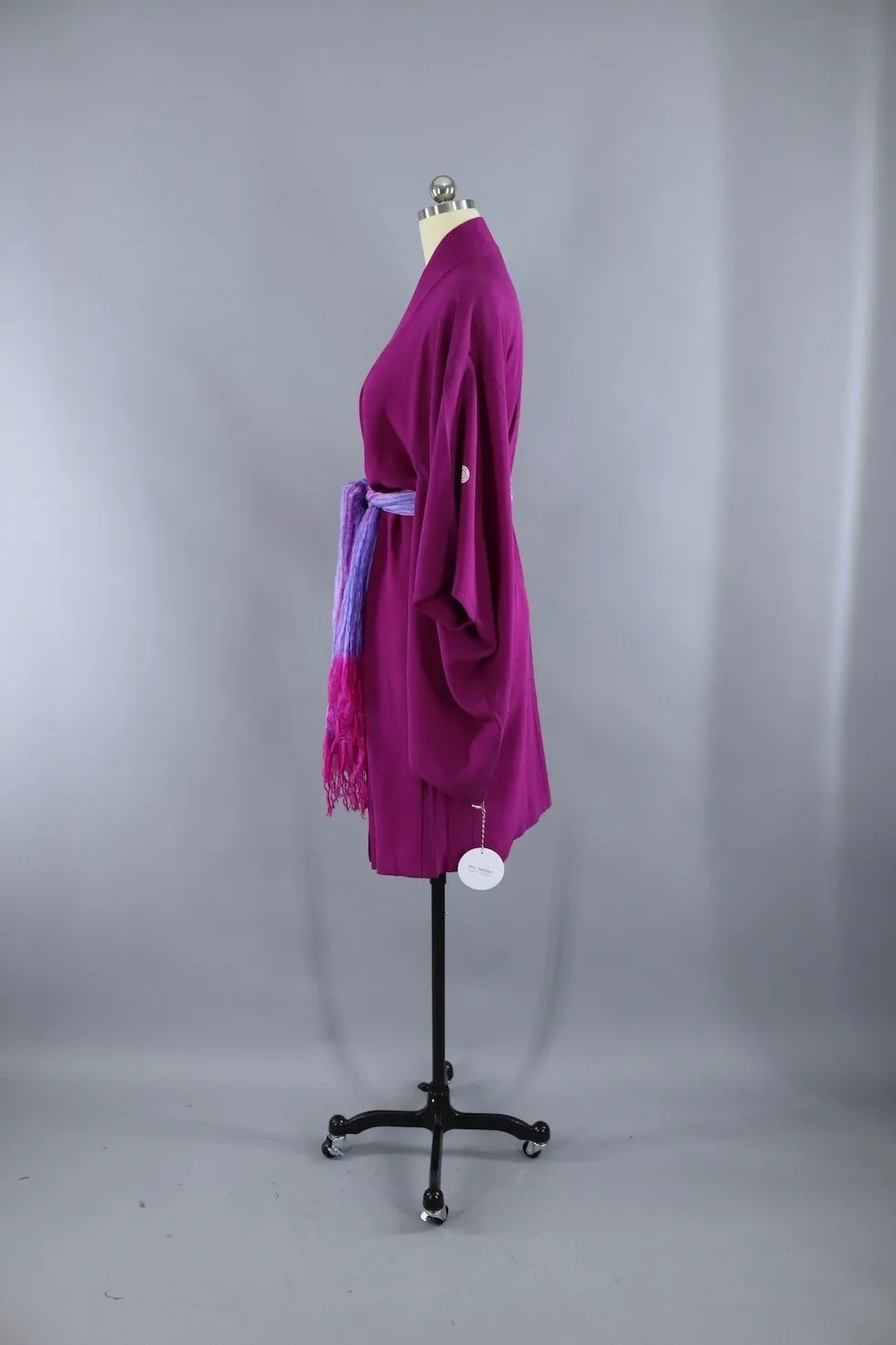 Vintage Silk Kimono Cardigan Jacket in Magenta Purple with Silk Sash