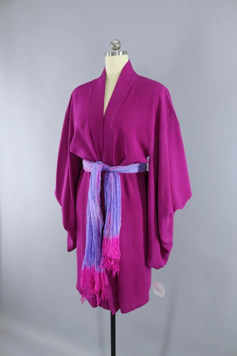 Vintage Silk Kimono Cardigan Jacket in Magenta Purple with Silk Sash