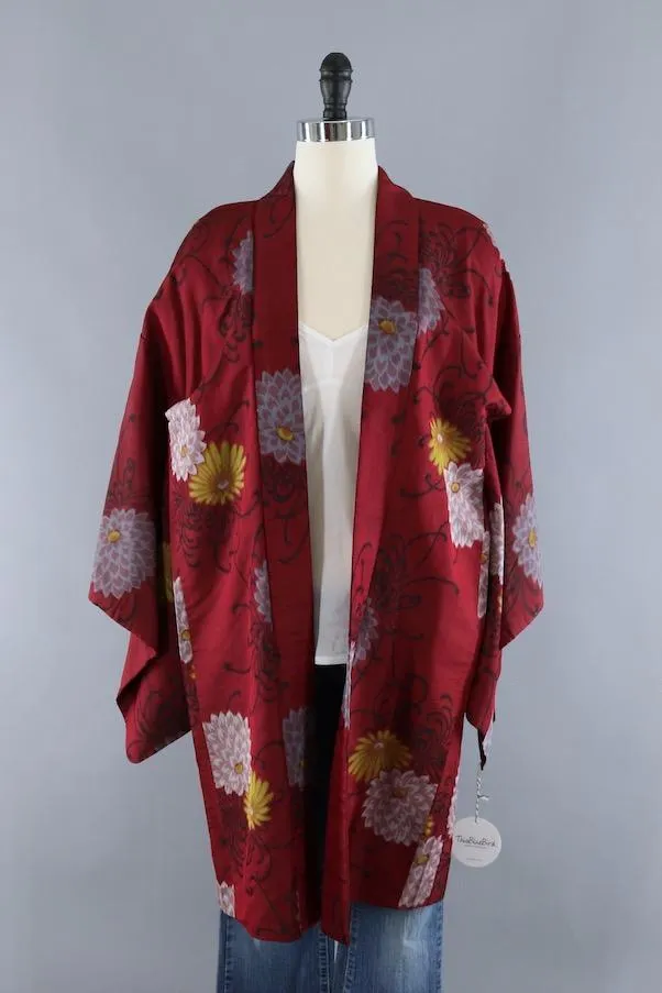 Vintage Silk Kimono Cardigan Jacket / Maroon Red Ikat Floral
