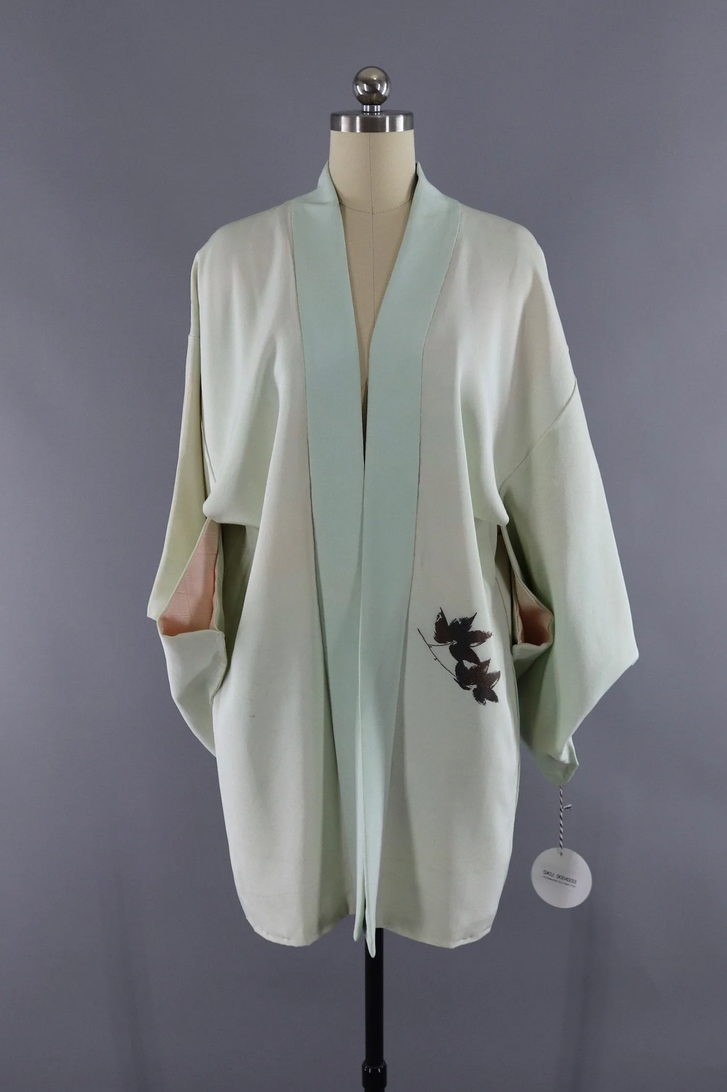 Vintage Silk Kimono Cardigan Jacket / Pale Green Bronze Leaves