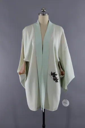 Vintage Silk Kimono Cardigan Jacket / Pale Green Bronze Leaves