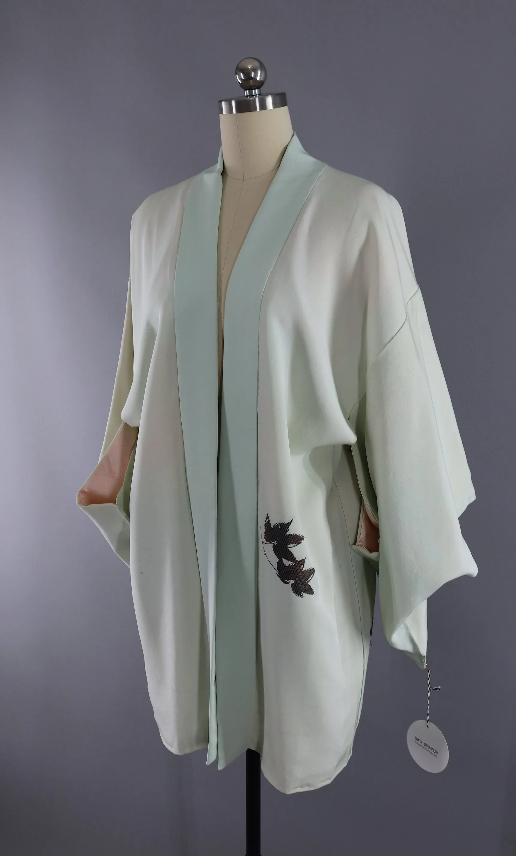 Vintage Silk Kimono Cardigan Jacket / Pale Green Bronze Leaves
