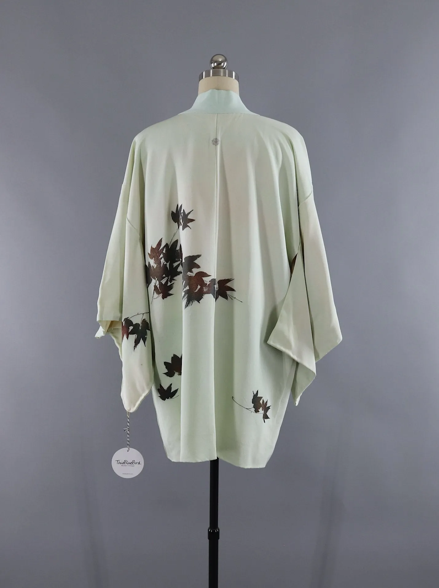 Vintage Silk Kimono Cardigan Jacket / Pale Green Bronze Leaves