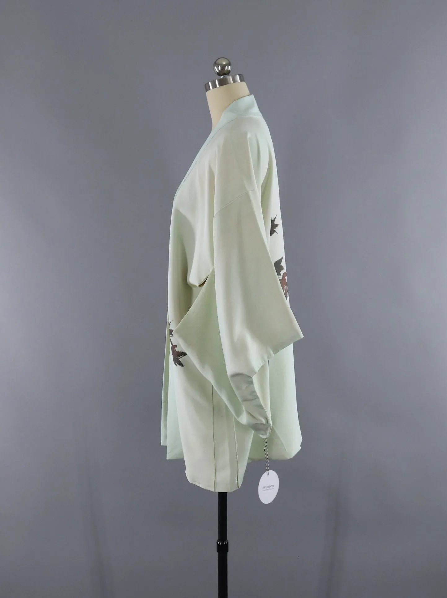 Vintage Silk Kimono Cardigan Jacket / Pale Green Bronze Leaves
