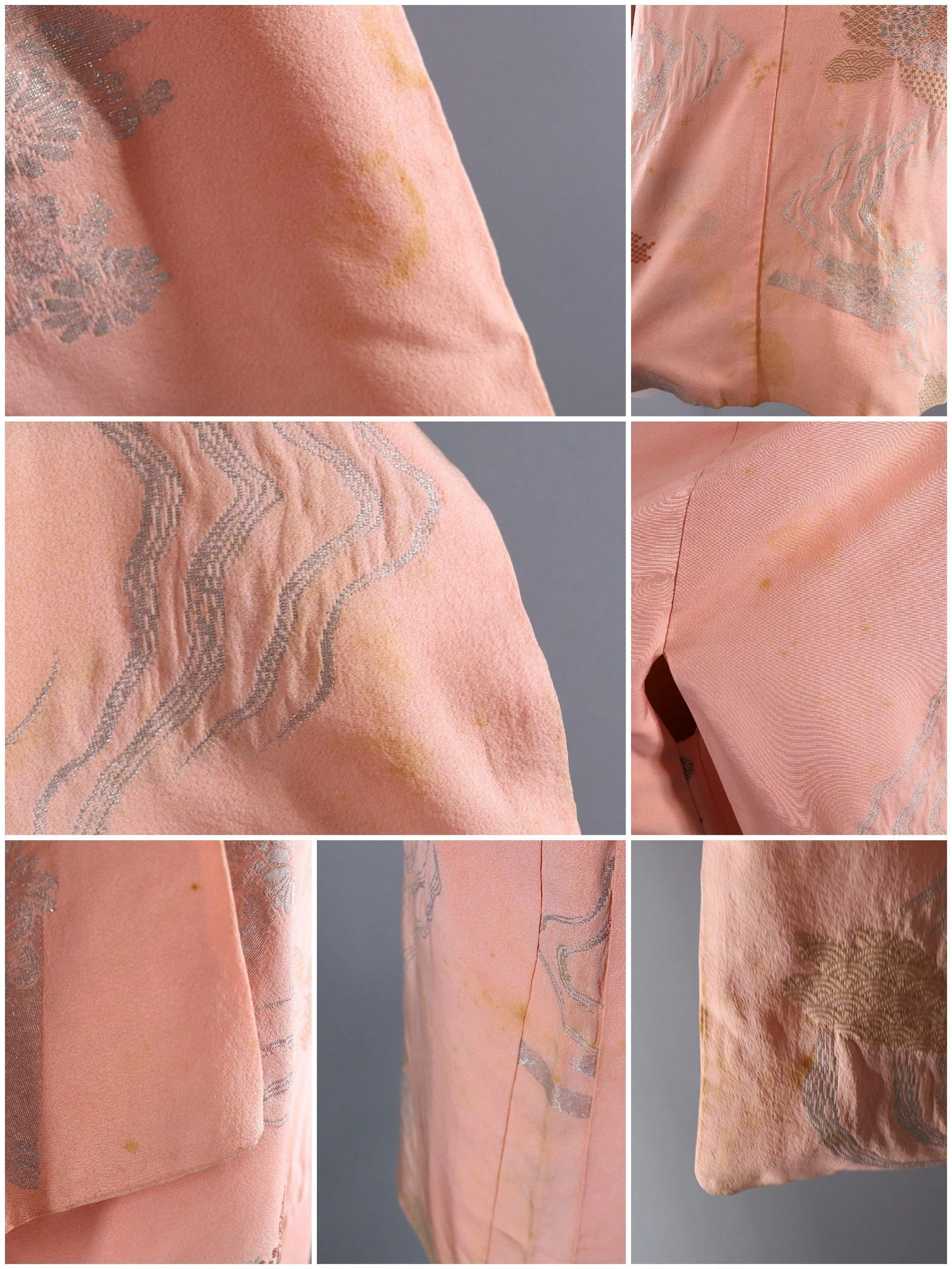 Vintage Silk Kimono Cardigan / Pastel Pink Silver Floral Embroidery