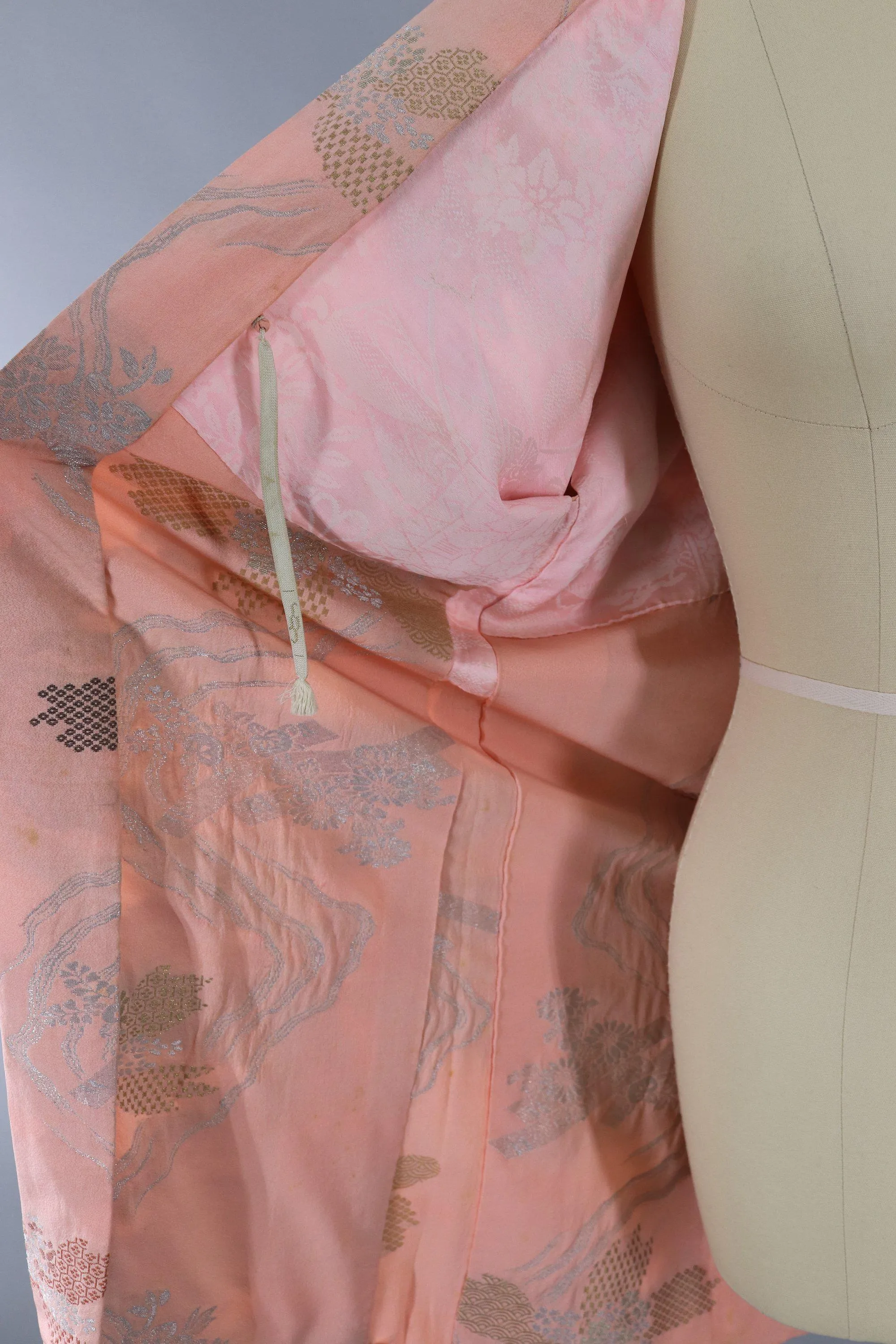 Vintage Silk Kimono Cardigan / Pastel Pink Silver Floral Embroidery