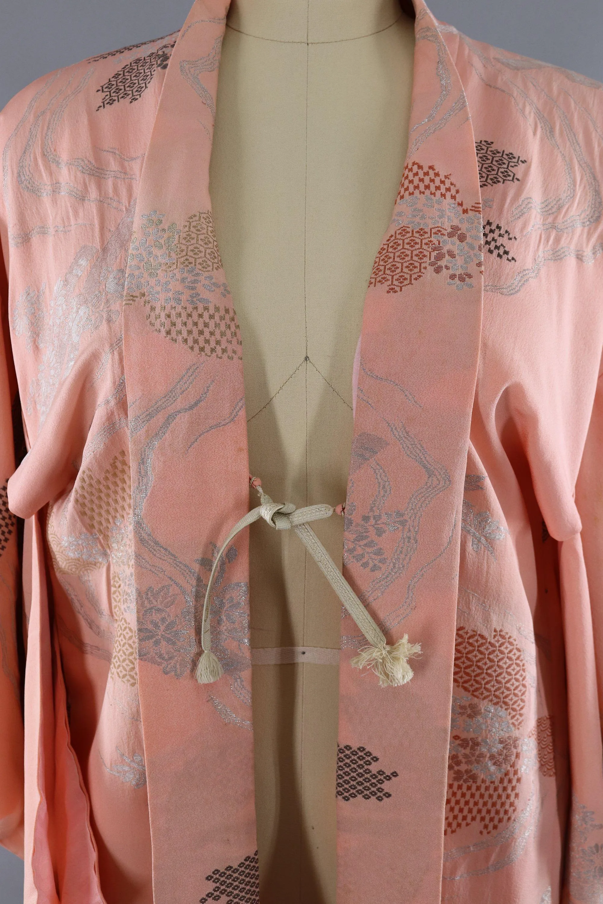 Vintage Silk Kimono Cardigan / Pastel Pink Silver Floral Embroidery