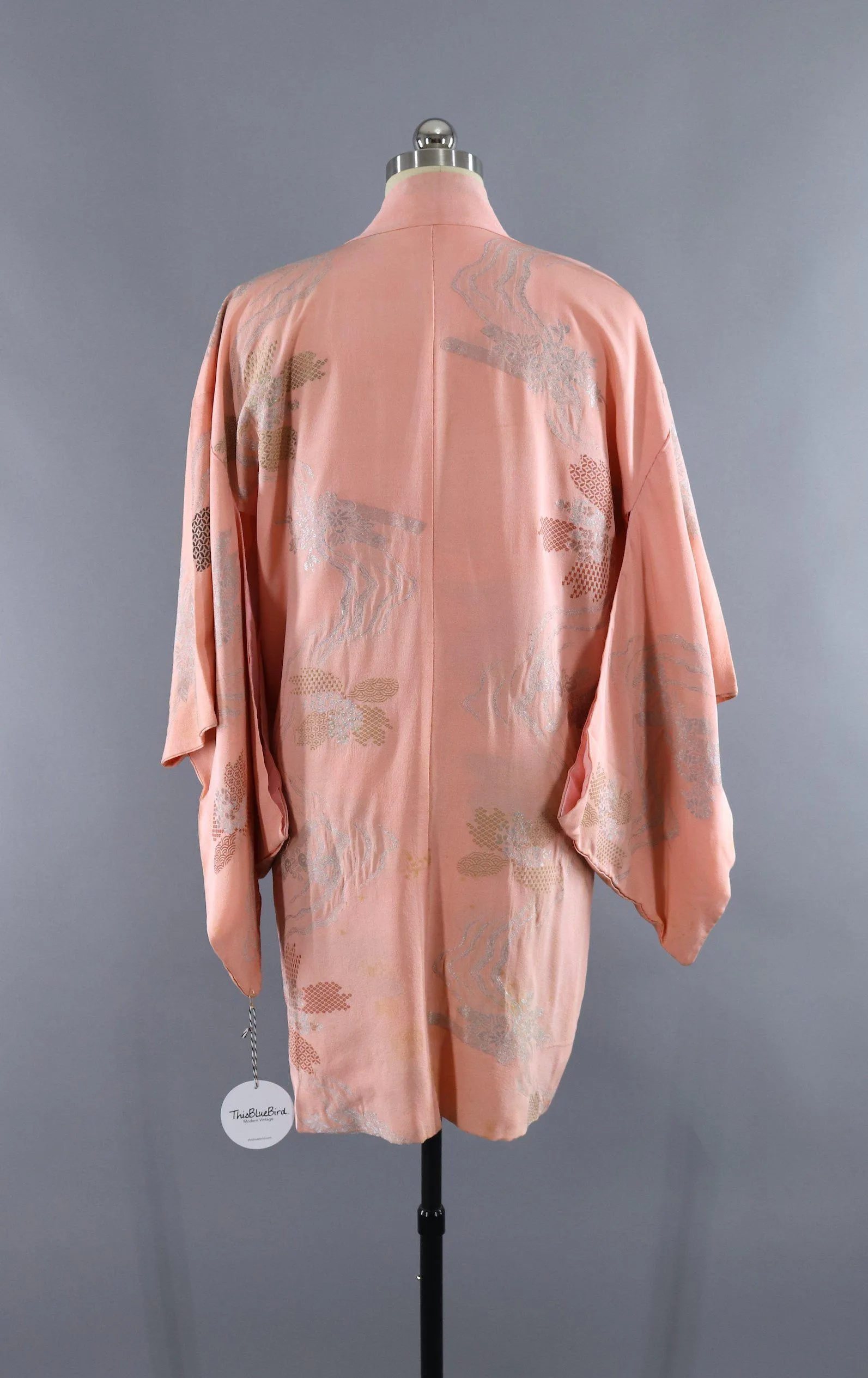 Vintage Silk Kimono Cardigan / Pastel Pink Silver Floral Embroidery