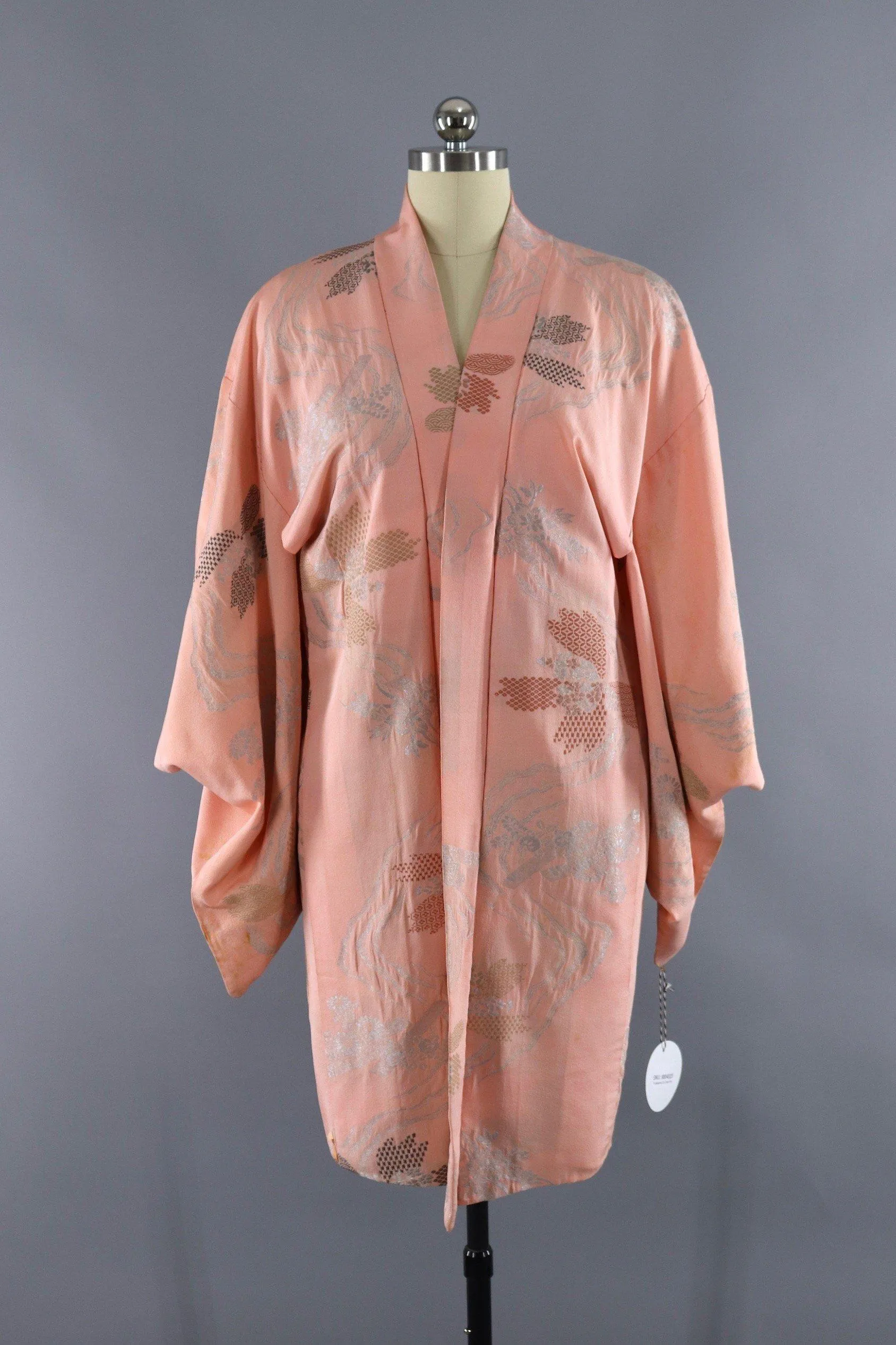 Vintage Silk Kimono Cardigan / Pastel Pink Silver Floral Embroidery