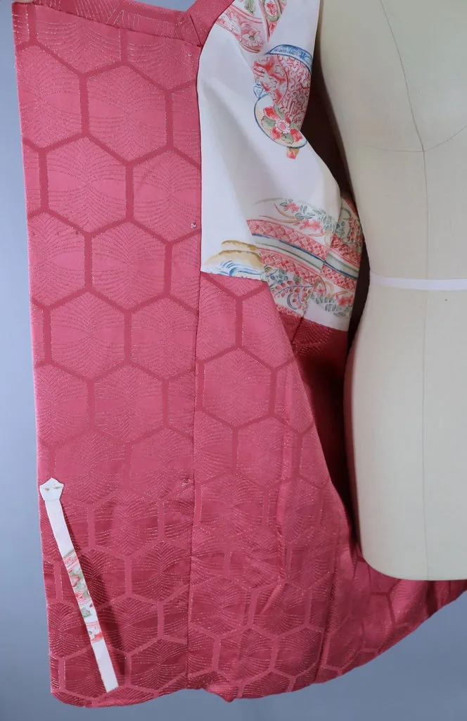 Vintage Silk Kimono Jacket in Pink and Metallic Hexagons Hex
